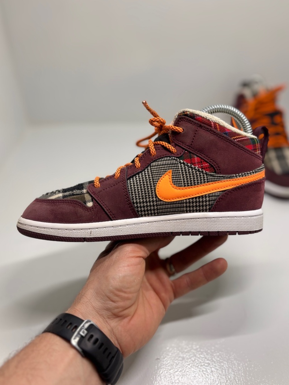 Nike Air Jordan 1 Mid GS Plaid Orange FD5461-608 Youth 3Y Burgundy Wool Sneaker - Picture 12 of 13